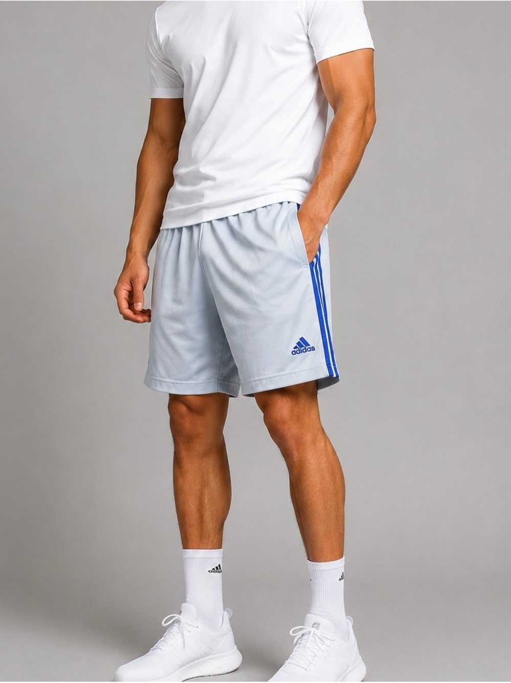 adidas Men’s Light Gray Training Shorts with Blue Stripes